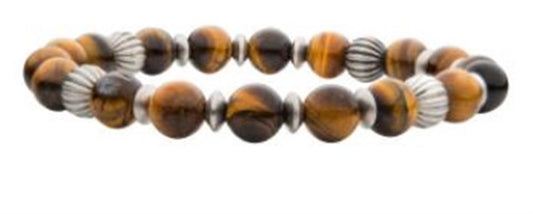 The INOX Men's 8.5mm Tiger Eye Stones with Black Oxidized Beads Bracelet features round, polished tiger's eye stones in various shades of brown and black, interspersed with textured silver and black oxidized beads. The elastic bracelet is arranged in a continuous loop for easy wear.