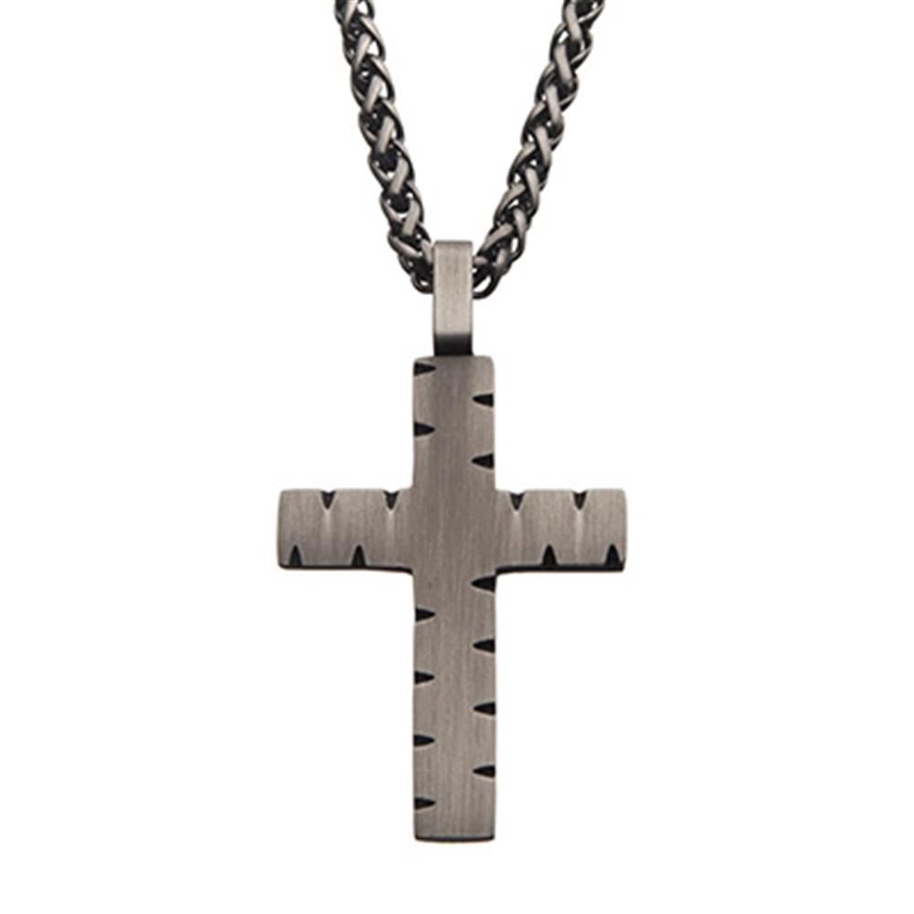 Stainless Steel & Gun Metal IP Chiseled Cross Pendant with Gun Metal IP Chain | INOX