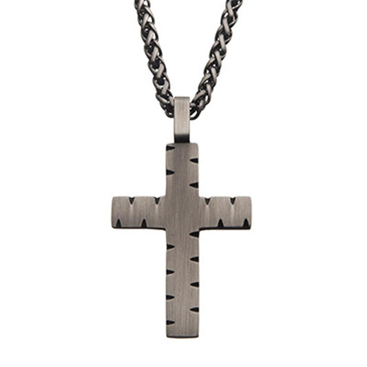 An INOX Stainless Steel & Gun Metal IP Chiseled Cross Pendant featuring a black zigzag pattern hangs on a thick, textured 24-inch gunmetal chain against a white background.