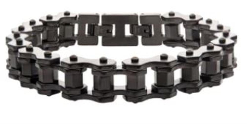 The INOX Black Plated Bike Chain Bracelet features self-adjustable links alternating between rectangular and cylindrical shapes, creating a rugged and industrial look reminiscent of a men's black bike chain. The integrated clasp ensures seamless consistency with the overall aesthetic.