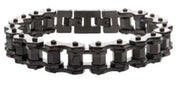 The INOX Black Plated Bike Chain Bracelet features self-adjustable links alternating between rectangular and cylindrical shapes, creating a rugged and industrial look reminiscent of a men's black bike chain. The integrated clasp ensures seamless consistency with the overall aesthetic.