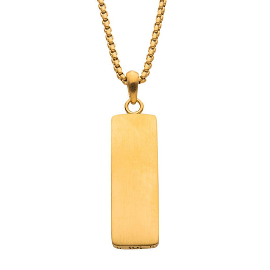 A close-up of the Men's 18K Gold Plated Engravable Drop Pendant by INOX, featuring a rectangular design with a smooth, polished surface. The pendant hangs from a 22" box chain, showcasing its elegant simplicity.