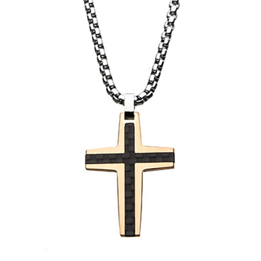 Black and Rose Gold Plated with Carbon Fiber Link Inlay Cross Pendant with Steel Chain | INOX