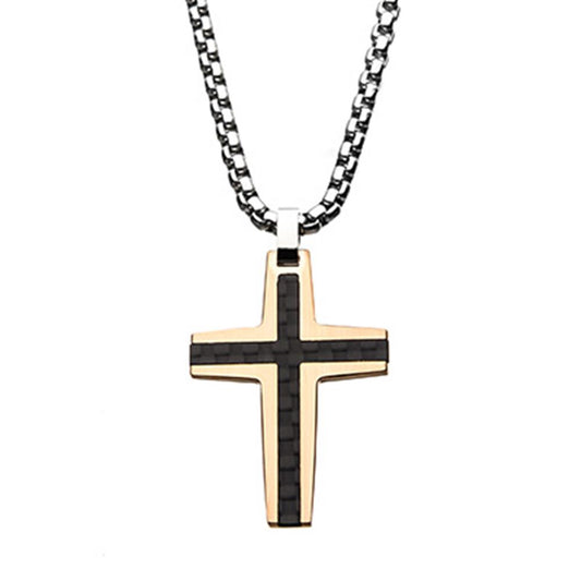The Black and Rose Gold Plated with Carbon Fiber Link Inlay Cross Pendant with Steel Chain by INOX features a striking combination of rose gold and black colors, hanging elegantly from a silver chain. The modern and bold design showcases black textured inner sections outlined in rose gold, creating a sophisticated look perfect for any occasion.