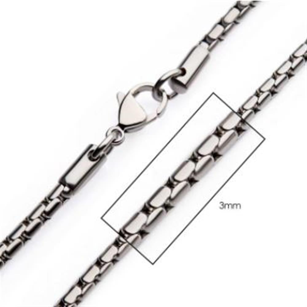 An image of the INOX 3mm Steel Boston Link Chain, a men's stainless steel necklace measuring 20 inches in length, featuring rectangular links and a lobster claw clasp. The chain's rectangular links are highlighted in an inset box, displaying a width measurement of 3mm.