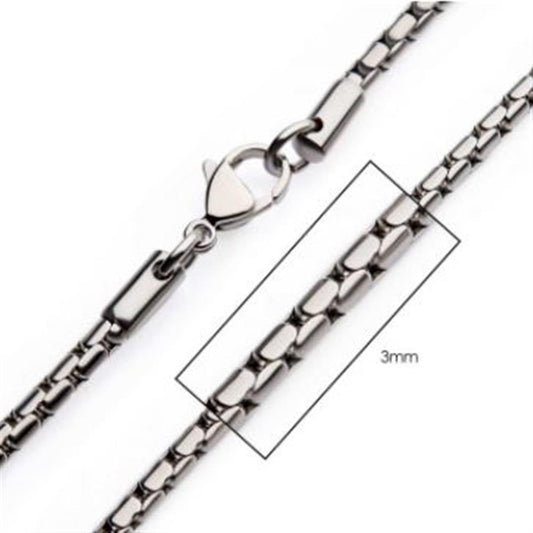 A close-up image of a 3mm-wide INOX Steel Boston Link Chain men's necklace with a lobster clasp. The stainless steel chain features small, rectangular links, and part of the chain is highlighted with a rectangular outline to show its details.