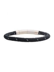 The 6mm Black Reflective Nylon Cord Bracelet by INOX is an 8.5-inch men's accessory featuring a stainless steel cylindrical metal clasp with a glossy finish. The bracelet's black braided design includes small white accents intertwined within the braid, offering a simple and modern look.