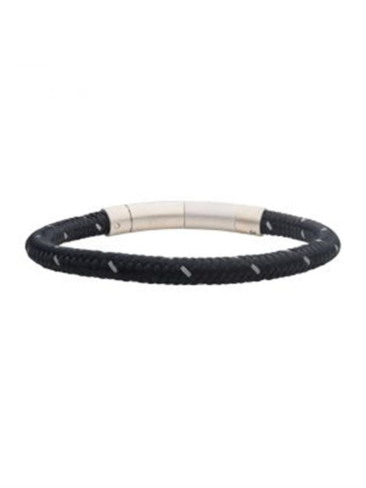 The 6mm Black Reflective Nylon Cord Bracelet by INOX is an 8.5-inch men's accessory featuring a stainless steel cylindrical metal clasp with a glossy finish. The bracelet's black braided design includes small white accents intertwined within the braid, offering a simple and modern look.