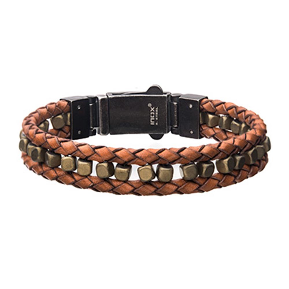 Introducing the Men’s Stainless Steel Bracelet by INOX, a stylish brown leather accessory featuring a braided design. The bracelet showcases a row of matte gold hematite beads running through the center and is secured with an anti-black clasp engraved with "INNX". The overall look is rugged yet sophisticated.