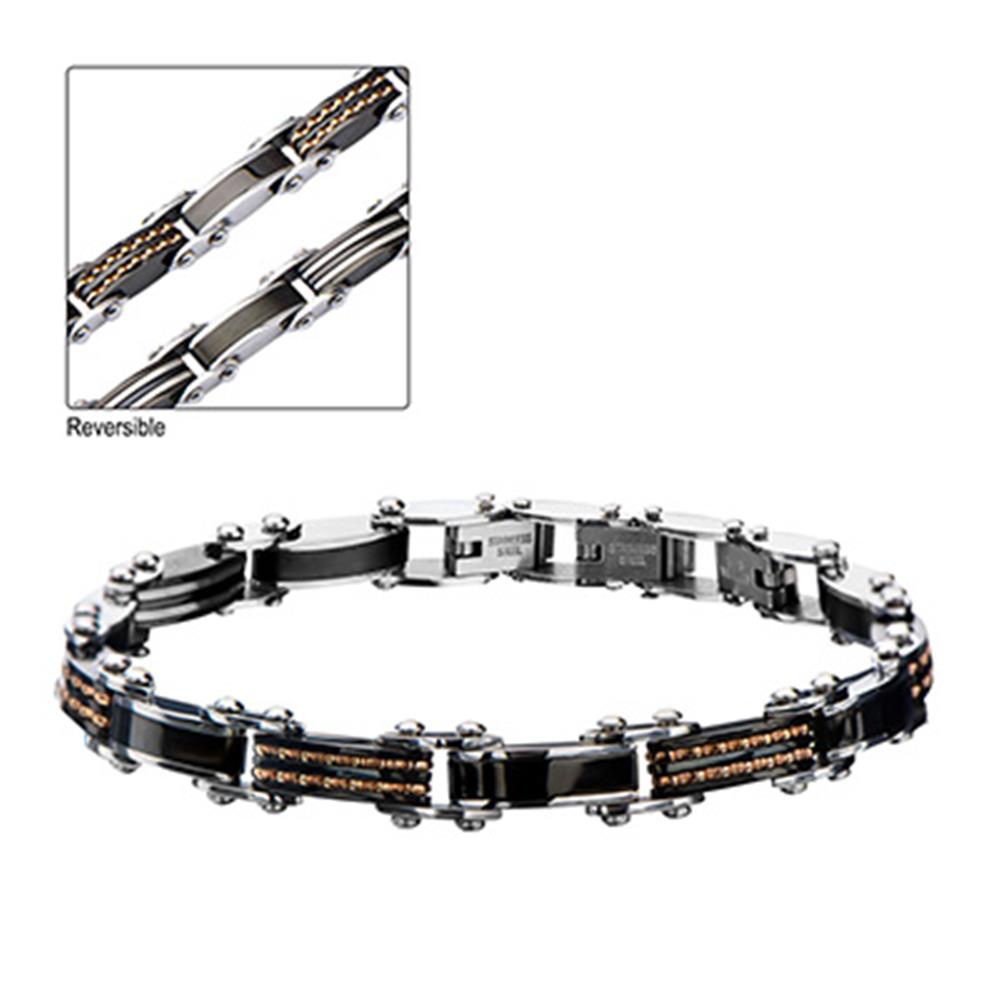 A sleek, reversible bracelet by INOX featuring a combination of black and silver metallic links with rose gold IP accents. The outer part is detailed with inset brown accents. The insert image shows a close-up of the Men's Stainless Steel, Black IP & Rose Gold IP Reversible Bracelet, highlighting its reversible feature and intricate design.