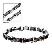 A sleek, reversible bracelet by INOX featuring a combination of black and silver metallic links with rose gold IP accents. The outer part is detailed with inset brown accents. The insert image shows a close-up of the Men's Stainless Steel, Black IP & Rose Gold IP Reversible Bracelet, highlighting its reversible feature and intricate design.