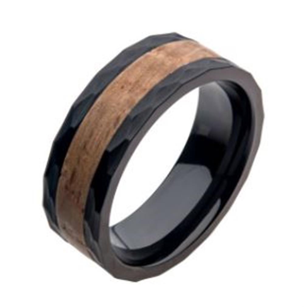 Men's Whiskey Barrel Wood Inlay Black Plated Steel Ring. Size 10