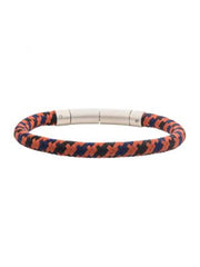 The INOX brand Men's Stainless Steel Bracelet features a 6mm round braided design with intertwining strands of burnt orange, blue, and black nylon cord. This sleek bracelet comes with a magnetic clasp and measures 8-8.5 inches in length, offering a simple yet vibrant style that's perfect for casual wear.