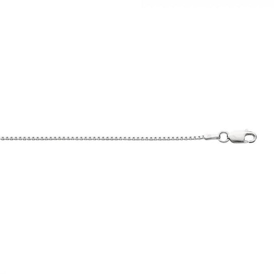 A detailed close-up image showcasing the Royal Chain Group-Royal Chain's Sterling Silver 1.3mm Classic Box Chain with Lobster Clasp - 24 inch, displayed against a white background.
