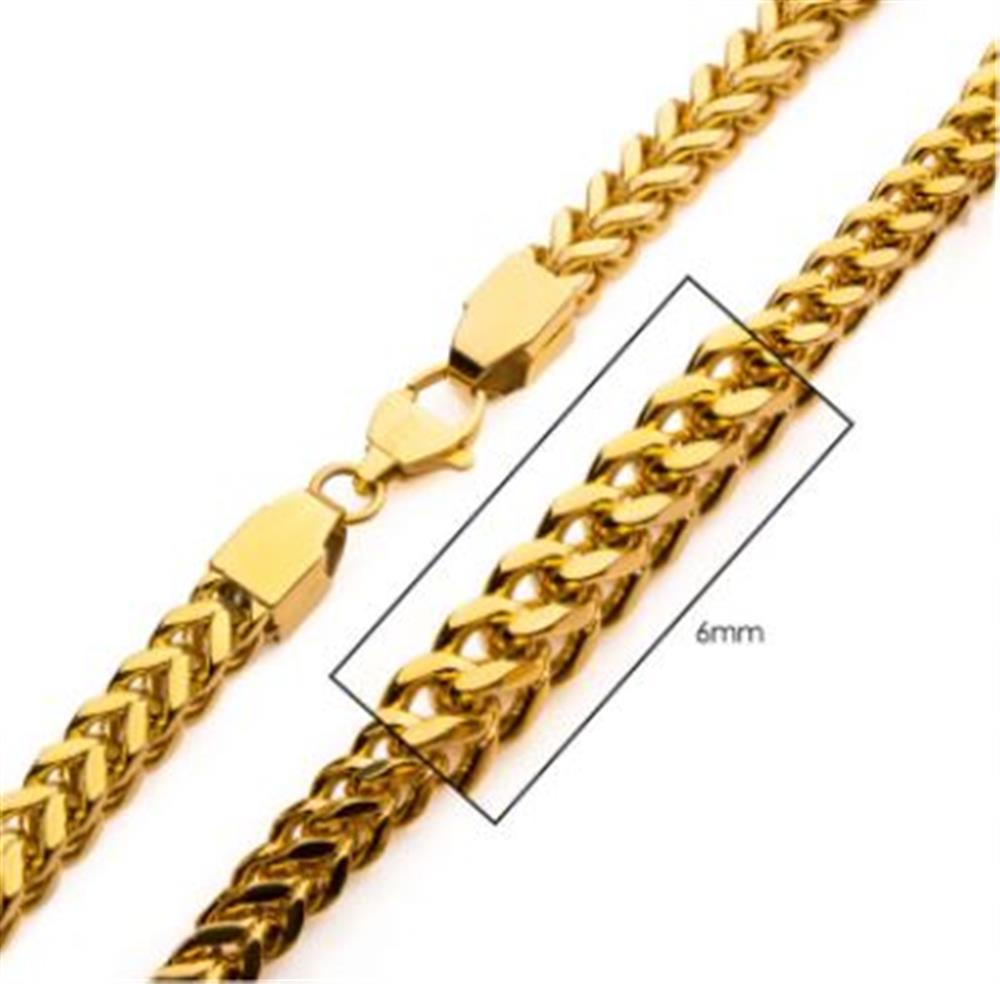 A close-up image of the 6mm 18K Gold Plated Franco Chain by INOX highlights a 6mm section of the chain's width within a rectangular box. The stainless steel chain, measuring 22 inches, features a lobster clasp closure.