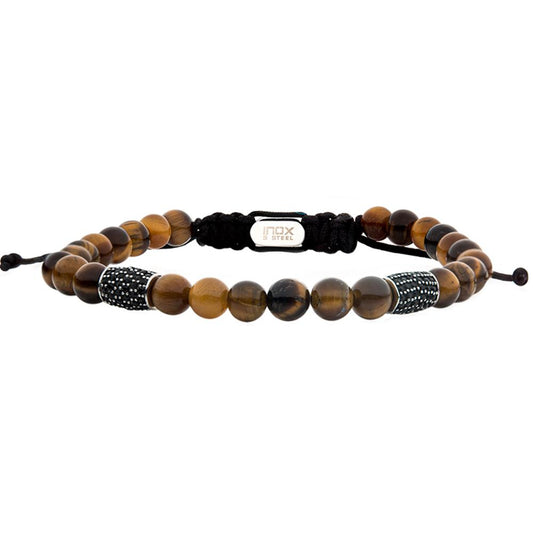 Presenting the INOX Stainless Steel Beads with Black CZ & Tiger Eye Stone Bead Adjustable bracelet. This elegant piece boasts polished tiger eye stones, complemented by two stainless steel beads embellished with black CZ accents. The black adjustable string features a small metallic plate inscribed with "INOX STEEL.