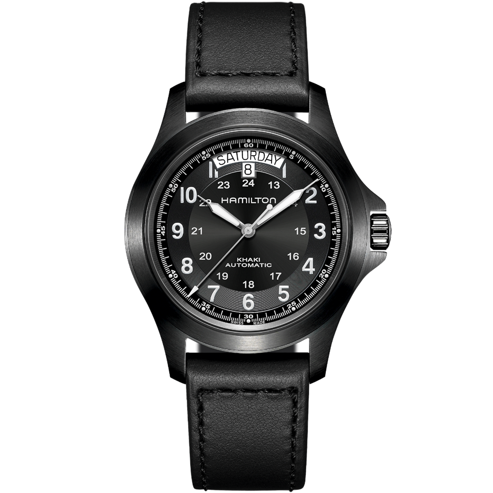 A Hamilton Khaki Field King Automatic Watch with a black leather strap. This timepiece, a tribute to its military heritage, showcases a round black dial with white Arabic numerals for hours and smaller numerals for minutes. Day and date windows are positioned at the top, just below the 12 o'clock marker.