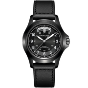 A Hamilton Khaki Field King Automatic Watch with a black leather strap. This timepiece, a tribute to its military heritage, showcases a round black dial with white Arabic numerals for hours and smaller numerals for minutes. Day and date windows are positioned at the top, just below the 12 o'clock marker.