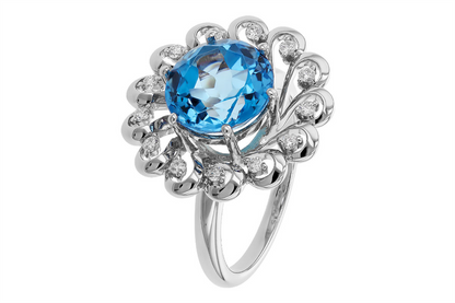14K Gold Ring with Swiss Blue Topaz and Diamonds