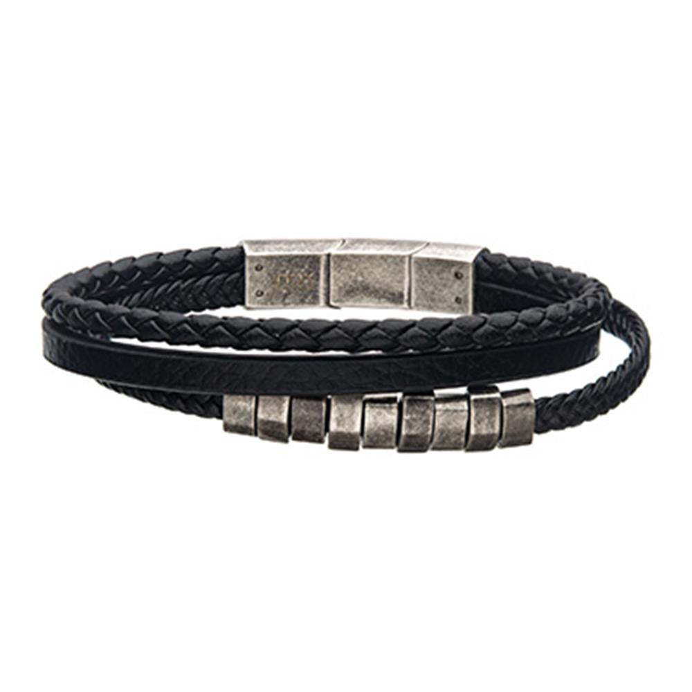The Men's Stainless Steel Black Plated Bracelet with Antique Gunmetal Beads by INOX features a double-band design with braided and smooth leather textures, adorned with multiple antique gunmetal beads and a matching rectangular clasp.
