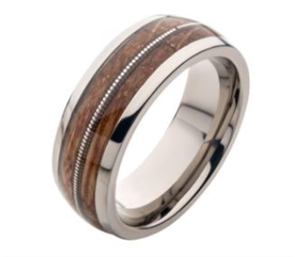 The INOX Men's Clear Resins & Whiskey Barrel Wood Inlay Titanium Ring, available in size 10, features a polished titanium band with a central inlay of whiskey barrel wood and an intricate, parallel metallic pattern that creates a striking contrast between the materials.