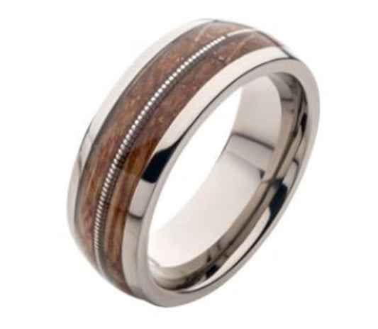 The INOX Men's Clear Resins & Whiskey Barrel Wood Inlay Titanium Ring, available in size 10, features a polished titanium band with a central inlay of whiskey barrel wood and an intricate, parallel metallic pattern that creates a striking contrast between the materials.