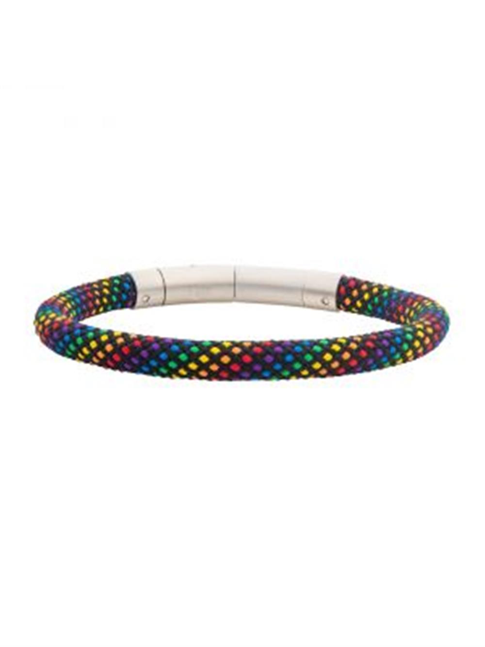 The 6mm Rainbow Nylon Cord Bracelet by INOX features a tightly woven, multicolored nylon cord that creates a vibrant pattern. It includes a sleek, stainless steel clasp and measures between 8 to 8.5 inches in length.
