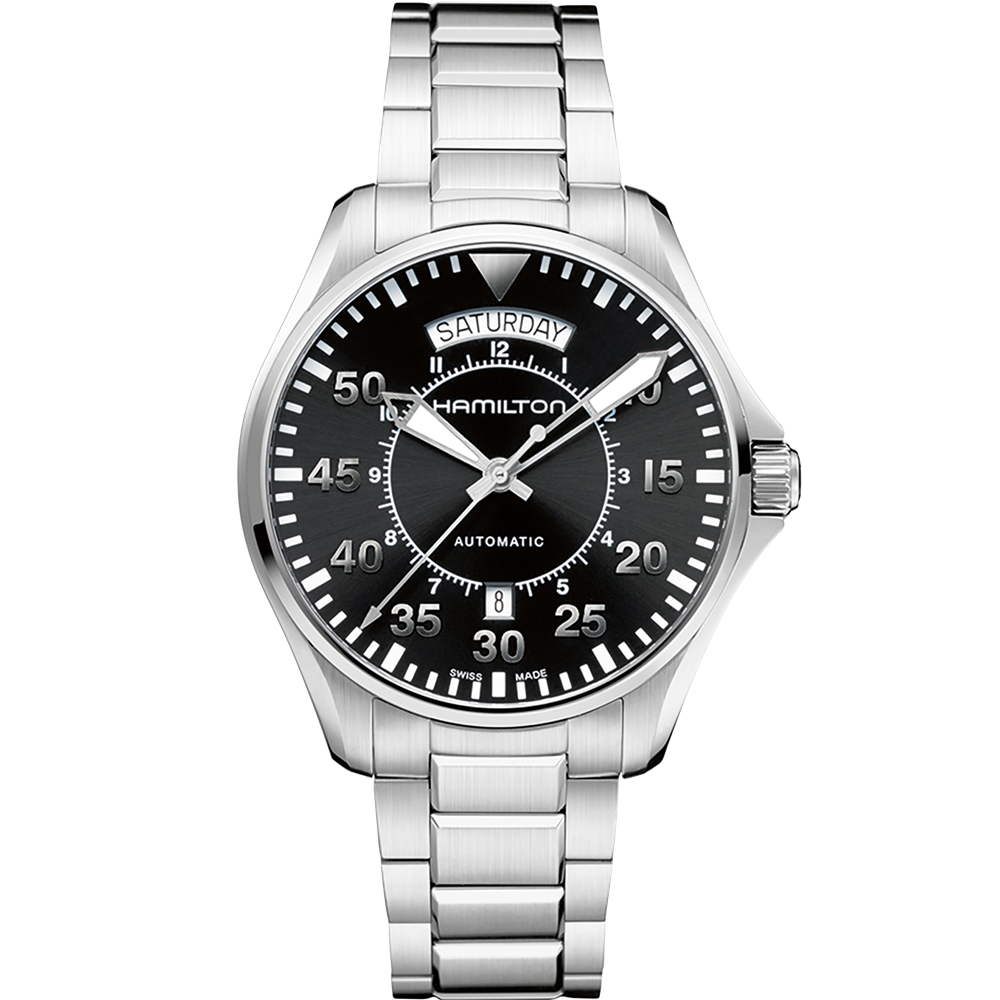 The Hamilton Khaki Aviation Pilot Day Date Automatic Watch boasts a stainless steel band, complemented by a black dial featuring silver-tone numerals and hands. It includes a day-date display at the 12 o'clock position and a sub-dial for 24-hour time indication, making this vintage timepiece an exquisite blend of functionality and classic style.