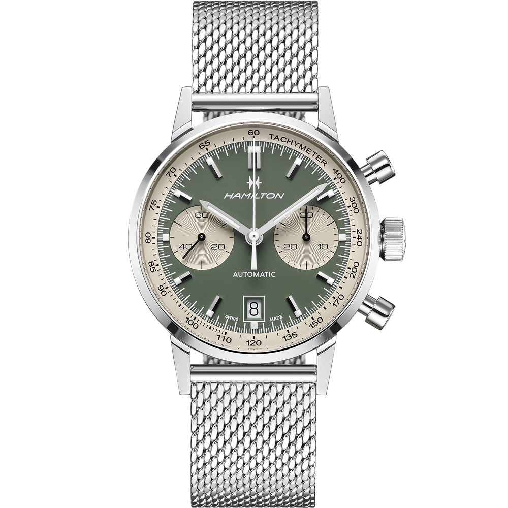 The Hamilton Intra-Matic Automatic Chronograph features a 40mm silver case with a mesh band, showcasing a green and cream panda dial adorned with three small sub-dials and a date display at the 6 o'clock position. The brand "Hamilton" is prominently displayed on the dial, while two pushers and a crown on the right side enhance its vintage appeal.