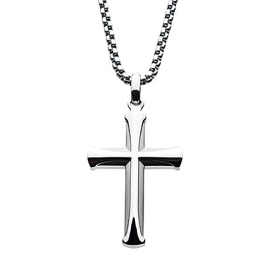 An INOX Stainless Steel Apostle Cross Pendant hangs on a bold box chain. The pendant is simple, with smooth, polished surfaces and slightly rounded edges. The chain features small, uniformly sized links that complement the men's stainless steel pendant's bright, reflective finish.