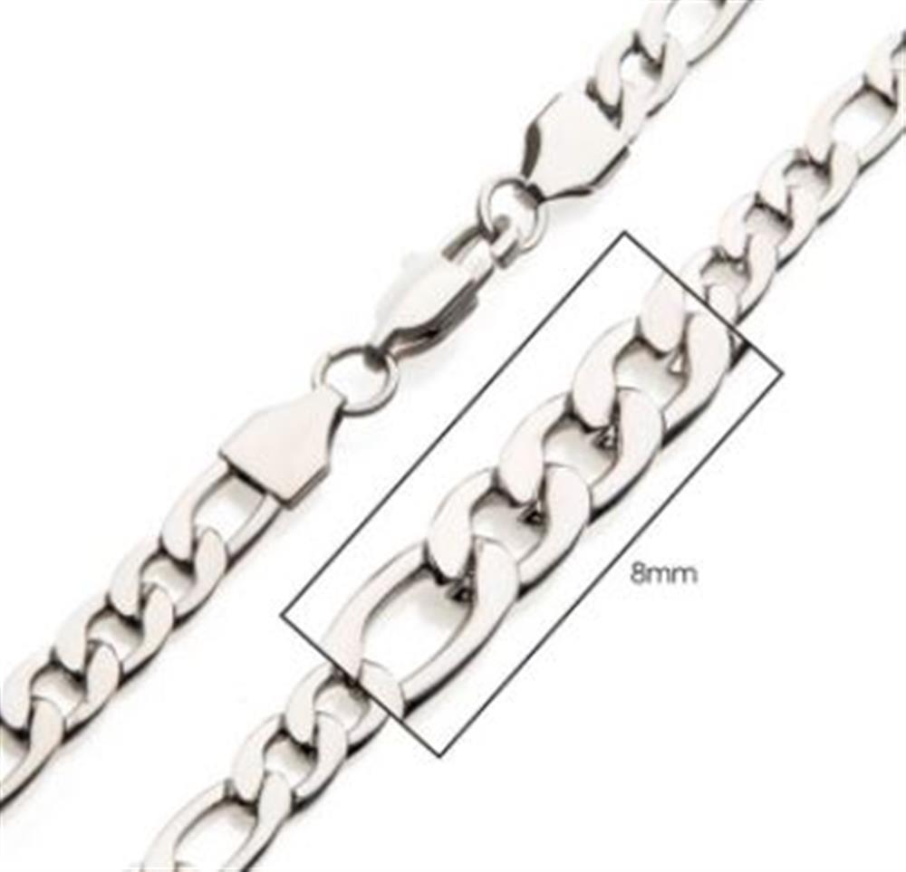Close-up image of the INOX 8mm Steel Figaro Chain, a men's stainless steel necklace featuring a lobster clasp. A rectangular box highlights a section of the chain links, with the text "8mm" indicating the width of the individual links. The chain has a polished appearance.