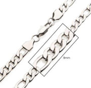Close-up image of the INOX 8mm Steel Figaro Chain, a men's stainless steel necklace featuring a lobster clasp. A rectangular box highlights a section of the chain links, with the text "8mm" indicating the width of the individual links. The chain has a polished appearance.
