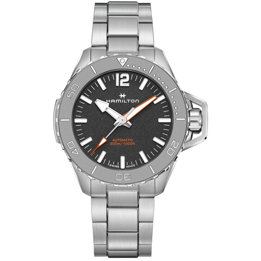 A silver Hamilton Khaki Navy Frogman Automatic 46mm wristwatch with a metal bracelet and a black dial. The face features large white hour markers, an orange second hand, and is water-resistant up to 1000 meters. This high-precision timepiece boasts a gray bezel with a rugged design perfect for maritime use.