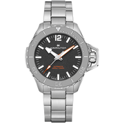 A silver Hamilton Khaki Navy Frogman Automatic 46mm wristwatch with a metal bracelet and a black dial. The face features large white hour markers, an orange second hand, and is water-resistant up to 1000 meters. This high-precision timepiece boasts a gray bezel with a rugged design perfect for maritime use.