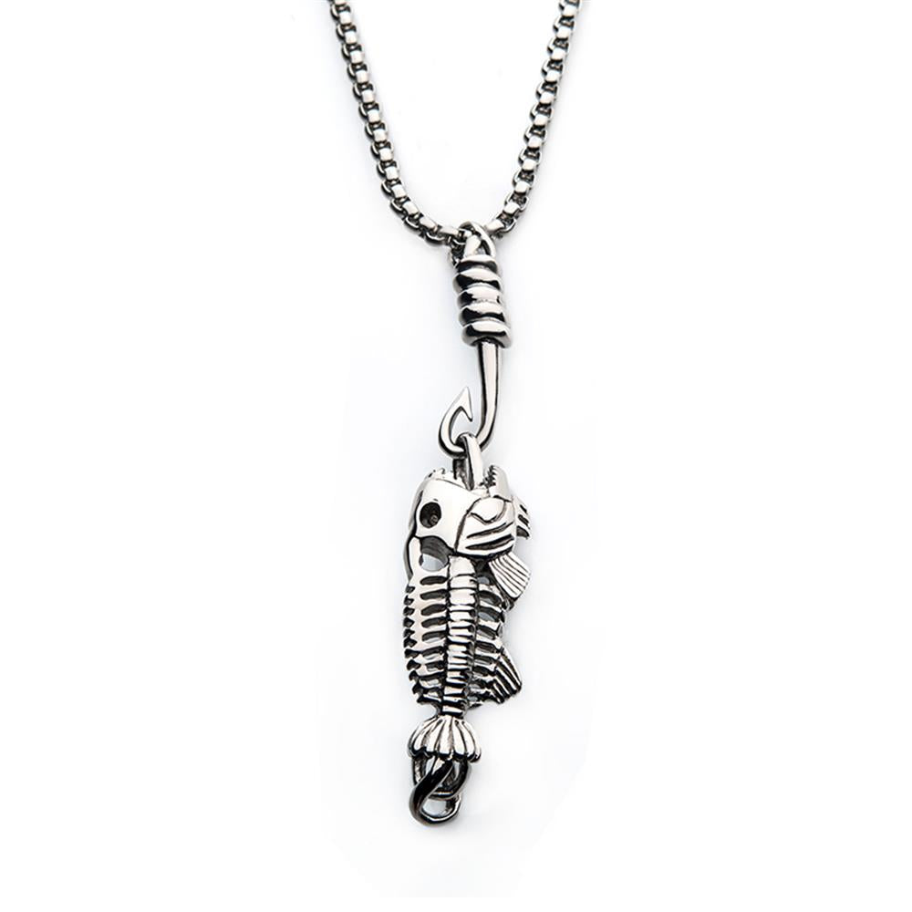 The INOX Polished Steel Fishbone Pendant with Hook & Box Chain is a 24-inch silver necklace featuring a men's pendant shaped like a fish skeleton attached to a steel fish hook. The chain is thicker closer to the pendant and becomes finer as it ascends, while the pendant showcases detailed, textured features for a realistic look.