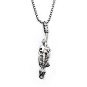 The INOX Polished Steel Fishbone Pendant with Hook & Box Chain is a 24-inch silver necklace featuring a men's pendant shaped like a fish skeleton attached to a steel fish hook. The chain is thicker closer to the pendant and becomes finer as it ascends, while the pendant showcases detailed, textured features for a realistic look.