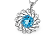 Introducing the Allison Kaufman Swiss Blue Topaz and Diamonds 14K White Gold Necklace, showcasing an exquisite large round Swiss blue topaz at its center, surrounded by diamond accents that form a refined floral pattern. This elegant pendant is suspended from a delicate silver chain, radiating sophistication and charm.