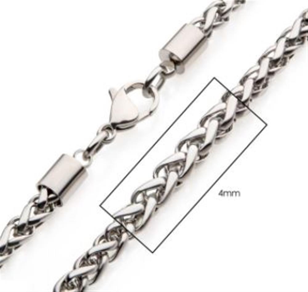 A close-up image of the INOX 4mm Steel Wheat Chain Necklace. The stainless steel chain features a lobster clasp, with a rectangle highlighting its 4mm thickness and its 22" length clearly labeled.