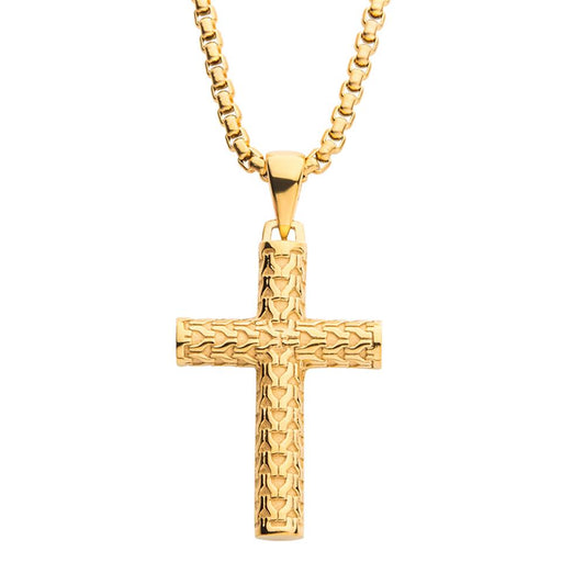 The INOX Polished 18K Gold IP Scale Cross Drop Pendant with Bold Box Chain features an intricate, textured cross design that adds depth and detail to the piece. The medium-thick bold box chain perfectly complements the size of the cross pendant, creating a stunning gold necklace.
