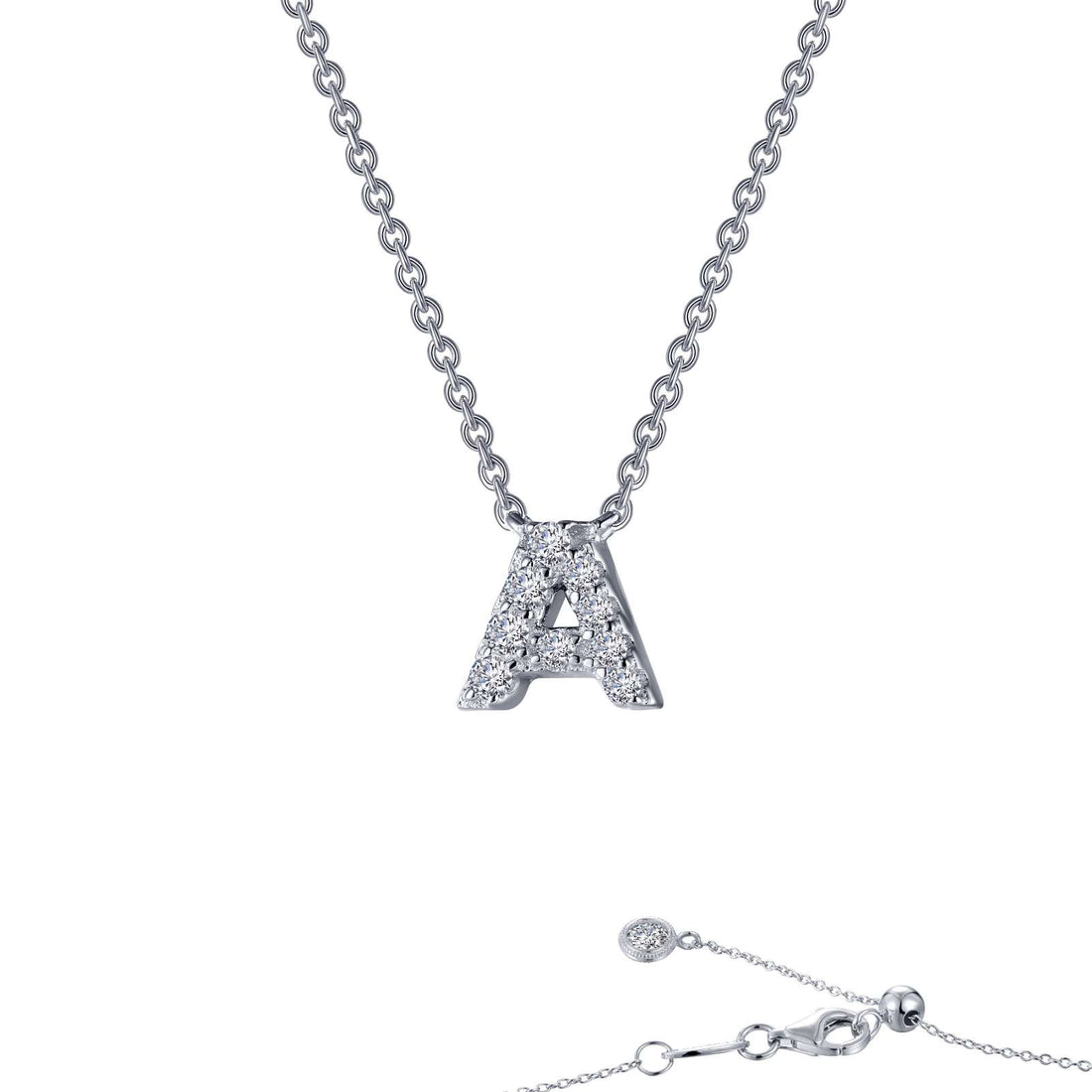 The Letter A Pendant Necklace by Lafonn features a silver adjustable chain and a block letter "A" pendant adorned with small, sparkling simulated diamonds, secured with a clasp.