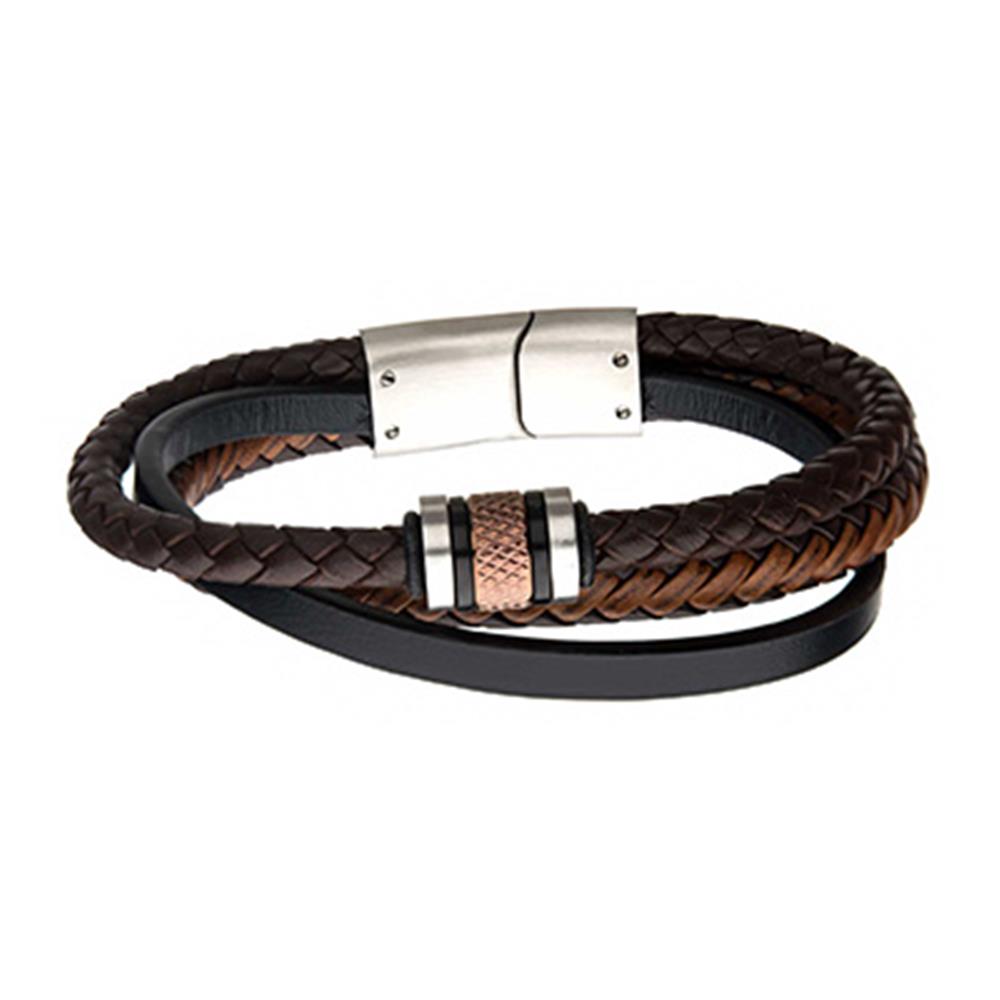 Men's Stainless Steel Black Plated and Rose Gold Beads with Brown Leat