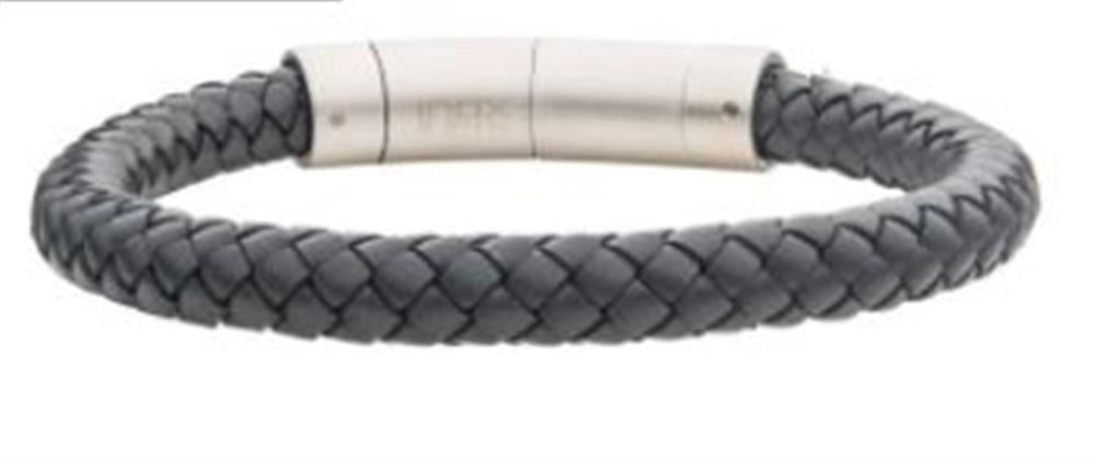 The INOX 8mm Grey Genuine Leather Bracelet for men showcases a stylish braided leather design with a sleek silver cylindrical magnetic clasp.