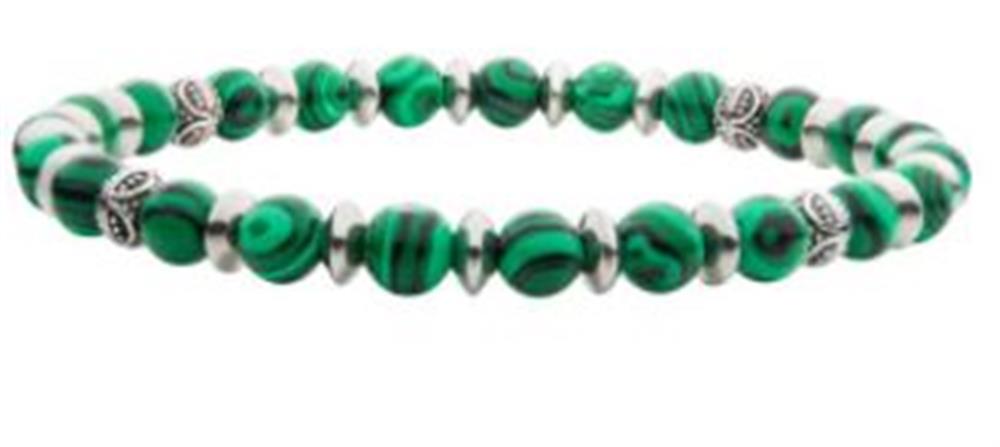 Introducing the INOX "Malachite Stones with Black Ox," a stretchable bracelet featuring round Malachite stones adorned with dark green swirls. This vibrant and elegant design is enhanced by small silver spacer beads and black oxidized beads, creating a sophisticated accessory for any occasion.