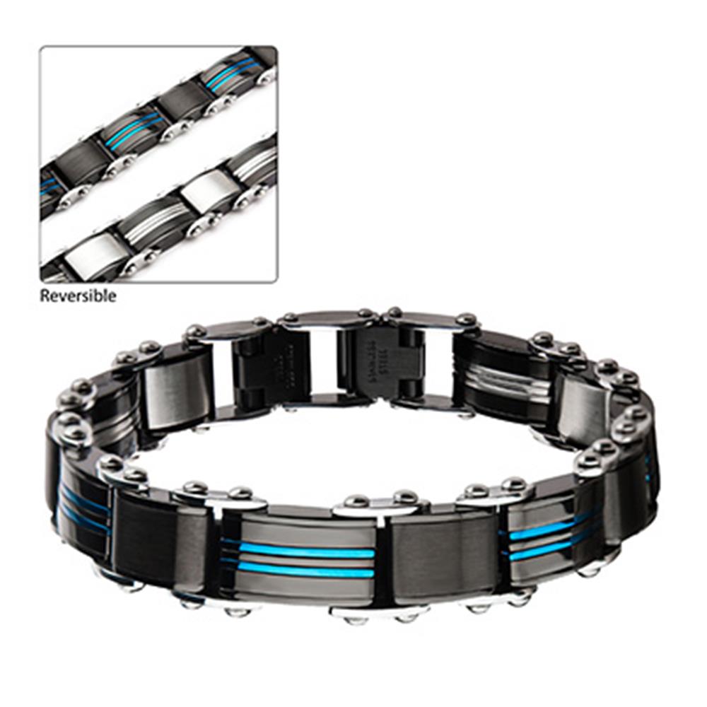 Introducing the INOX Men's Double Sided Stainless Steel Blue IP and Black IP Reversible Bracelet. This stylish, modern accessory features one side with a black design accented by turquoise blue details, while the reverse side showcases a polished stainless steel finish. The bracelet's link construction includes small metallic knobs at each joint for added sophistication.