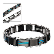 Introducing the INOX Men's Double Sided Stainless Steel Blue IP and Black IP Reversible Bracelet. This stylish, modern accessory features one side with a black design accented by turquoise blue details, while the reverse side showcases a polished stainless steel finish. The bracelet's link construction includes small metallic knobs at each joint for added sophistication.