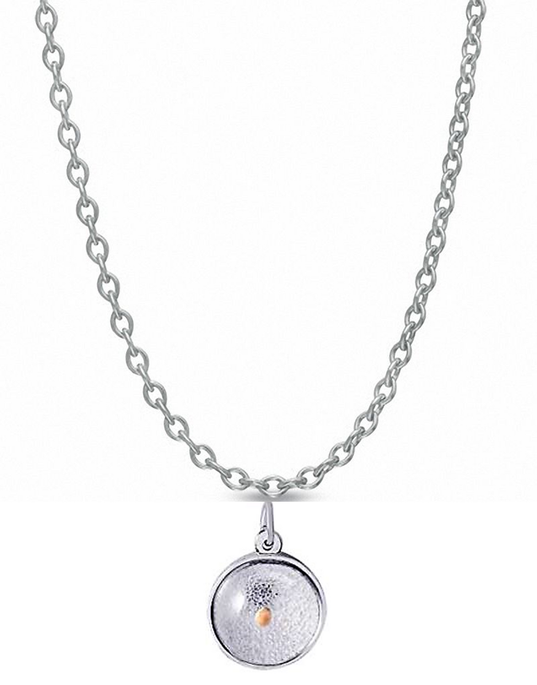 Introducing the Avonlea Mustard Seed Charm on Cable 18" Chain Necklace in Sterling Silver; this piece features a delicate silver chain adorned with a circular pendant. The pendant showcases a textured surface with a small, subtle dot in the center, echoing the minimalist and refined aesthetic of the Mustard Seed Charm, offering an elegant and simple look.