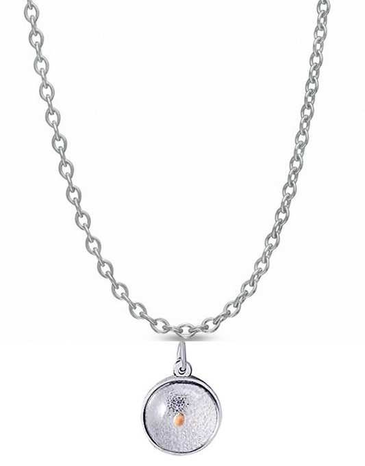Introducing the Avonlea Mustard Seed Charm on Cable 18" Chain Necklace in Sterling Silver; this piece features a delicate silver chain adorned with a circular pendant. The pendant showcases a textured surface with a small, subtle dot in the center, echoing the minimalist and refined aesthetic of the Mustard Seed Charm, offering an elegant and simple look.