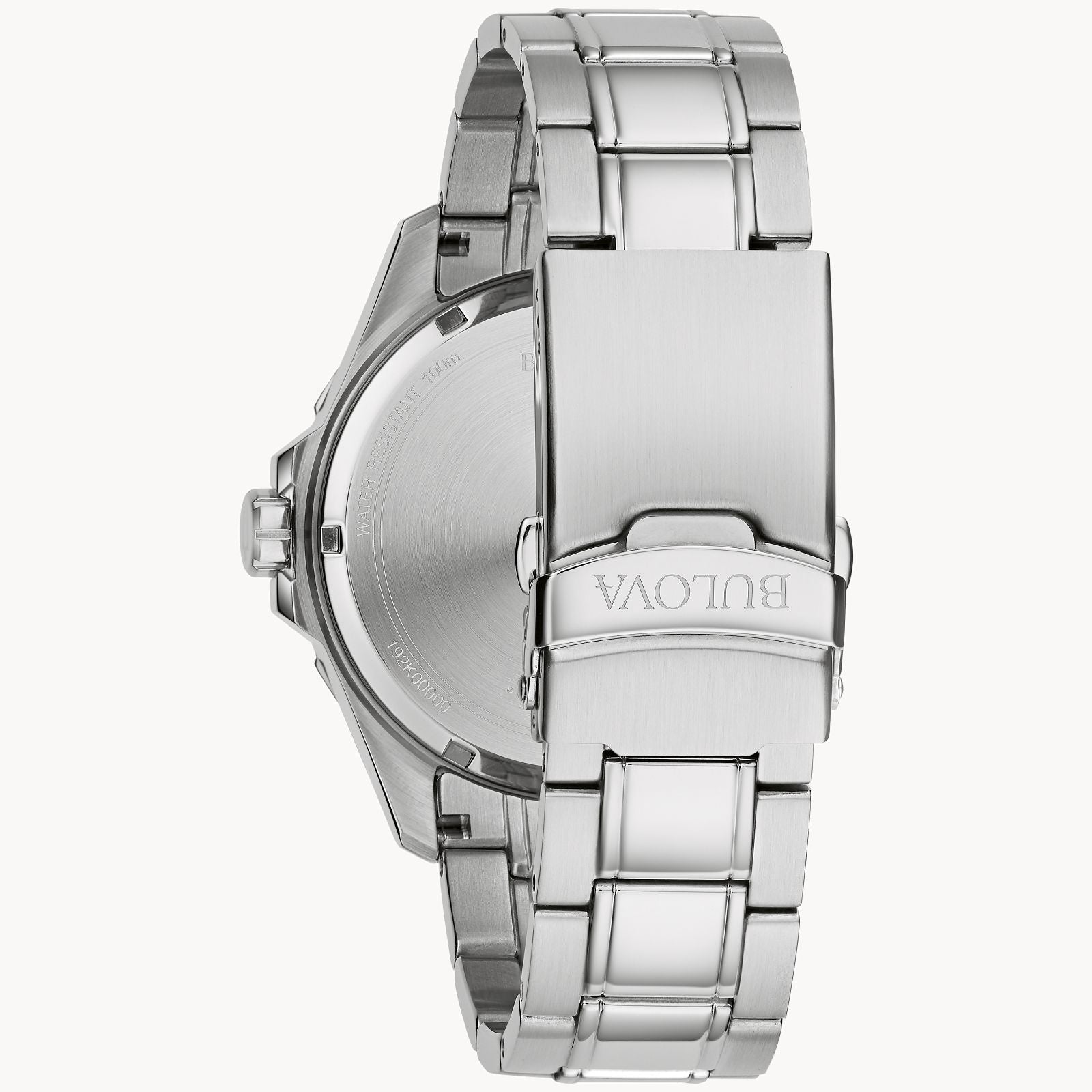 Close-up image of the Bulova Marine Star Watch (96B382) by Bulova Watch Company, focusing on the back side of this men's timepiece. The watch features a stainless steel band with a deployment clasp, engraved with the "Bulova" logo. The case back is smooth and slightly reflective.