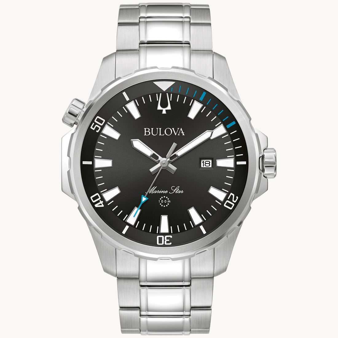 A Bulova Marine Star Watch | 96B382 from the Bulova Watch Company, featuring a silver-plated case and a black dial with white hour markers and hands, a date display, and a stainless steel link bracelet. This sleek, modern timepiece has a crown on the right side and an additional button on the left, making it perfect for the discerning man’s watch collection.