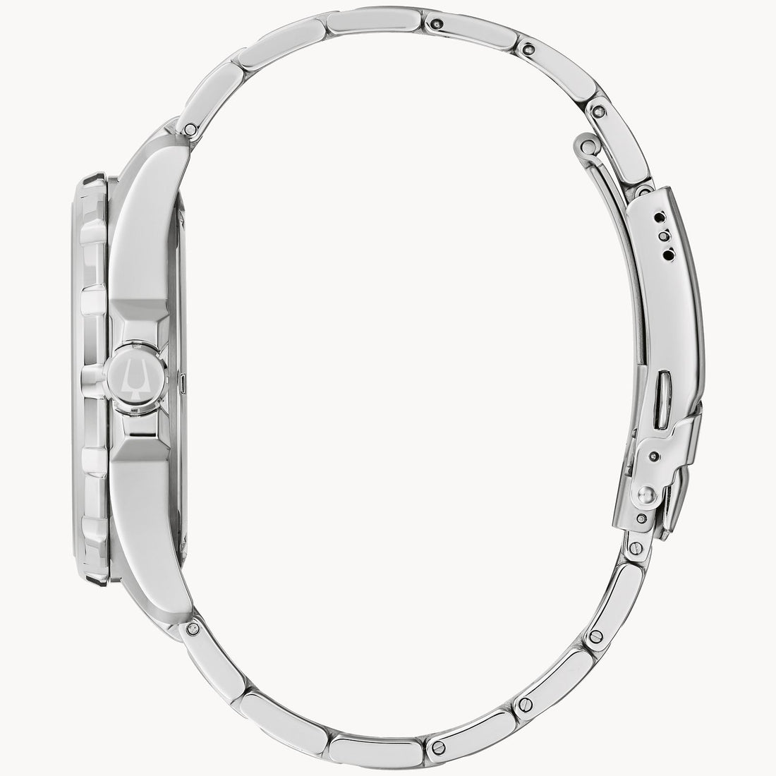 Side view of a Bulova Marine Star Watch | 96B382 by the Bulova Watch Company, featuring a silver finish and metal bracelet. The men’s timepiece boasts a round face, clasp closure, slim profile, and intricately linked band.